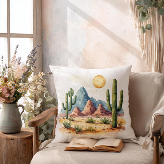 Desert Cactus Landscape Pillowcase | Faux Suede Square Boho Southwest Home Decor Throw Pillow Cover