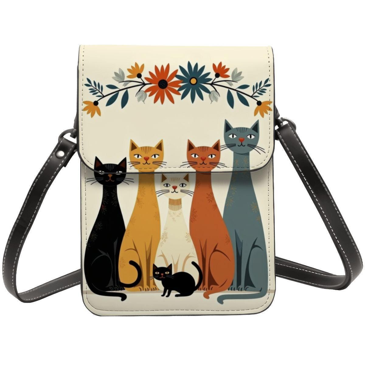 Retro Cat Leather Cell Phone Purse with Shoulder Strap - Vintage Crossbody Bag for Women