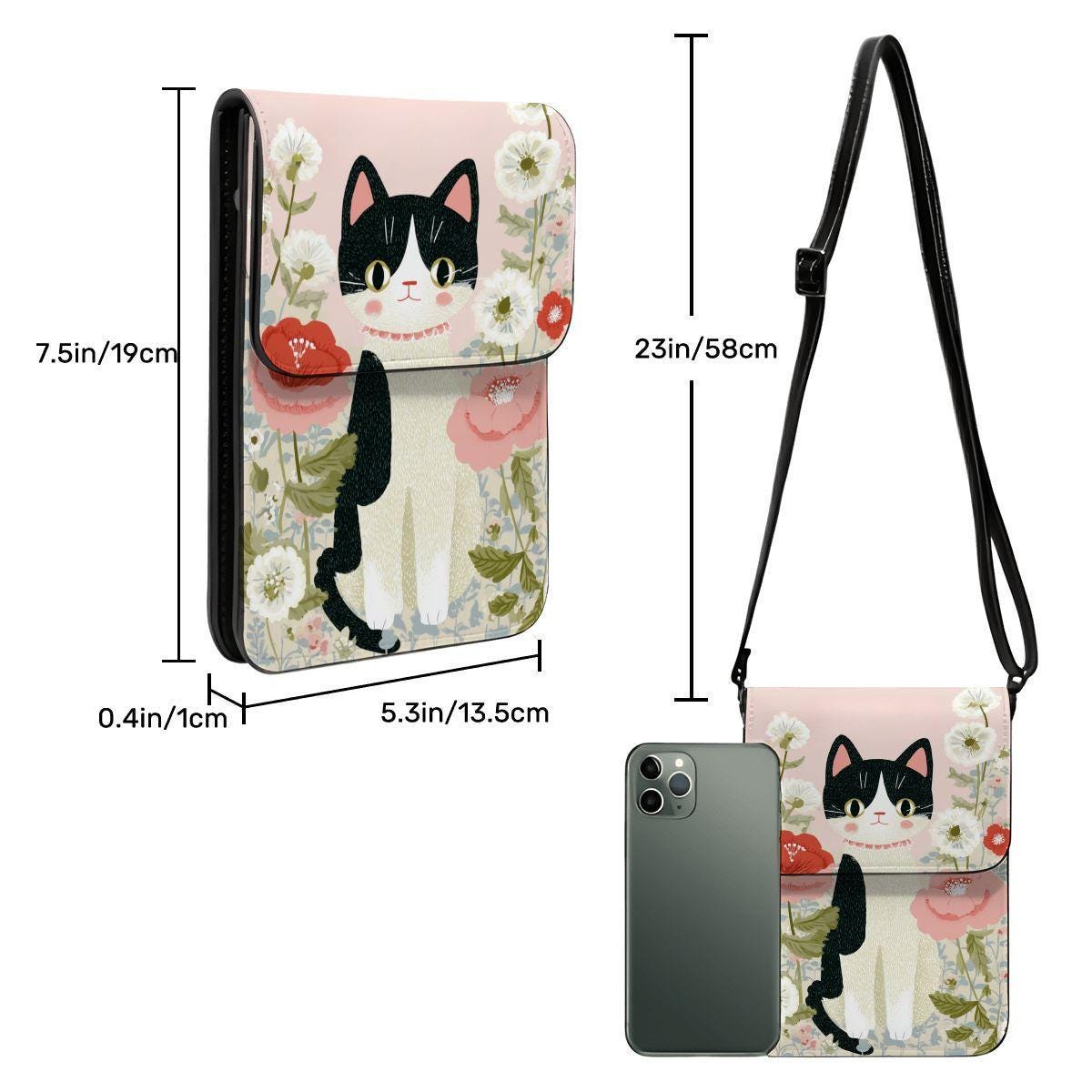 Pink Cat Leather Cell Phone Purse with Crossbody Shoulder Strap - Small Bag Clutch Pouch