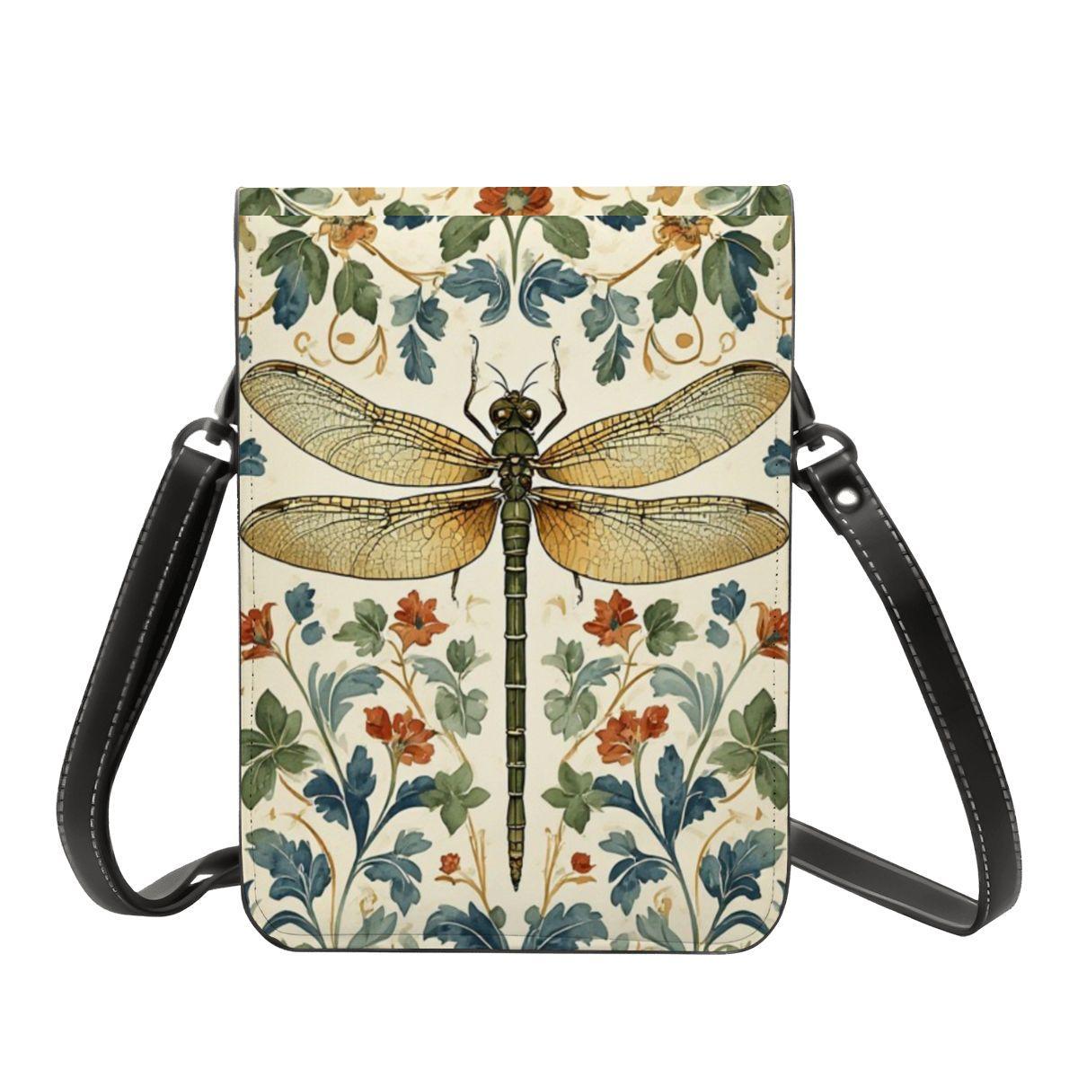 Dragonfly Leather Cell Phone Crossbody Purse with Adjustable Shoulder Strap - Small Clutch Bag