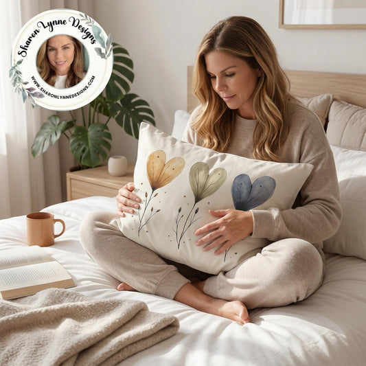 Watercolor Heart Flowers Cotton Pillow Sham | Floral Botanical Accent Pillowcase Bedroom Decor