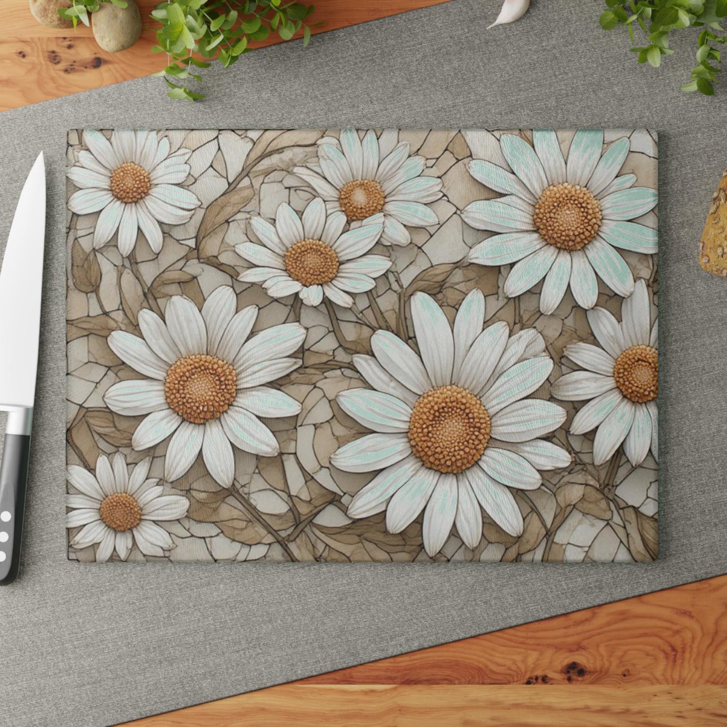 White Daisy Floral Glass Cutting Board Kitchen Countertop Decor Flower Art