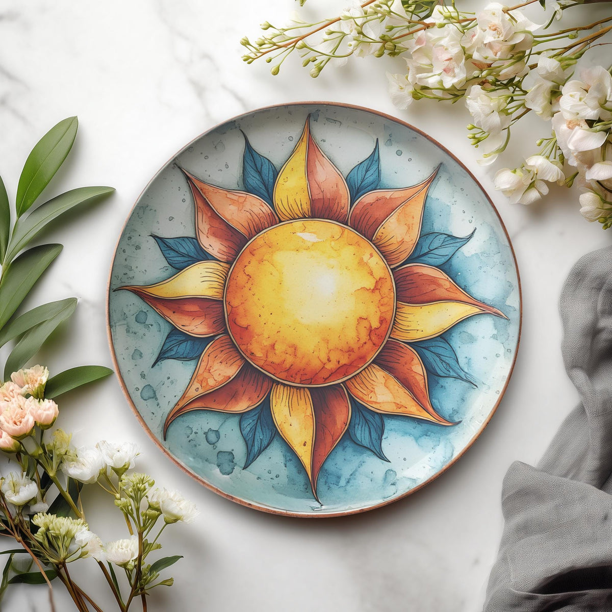 Sun Dinner Plates Set - Celestial Kitchen Dinnerware Yellow Gold Ceramic Tableware