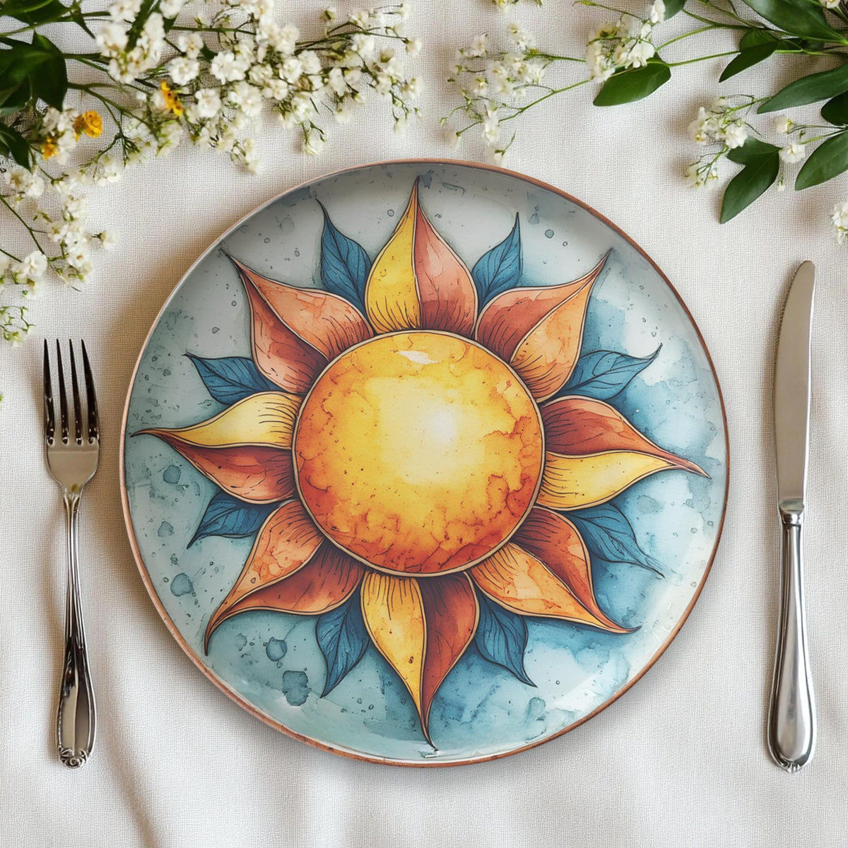 Sun Dinner Plates Set - Celestial Kitchen Dinnerware Yellow Gold Ceramic Tableware