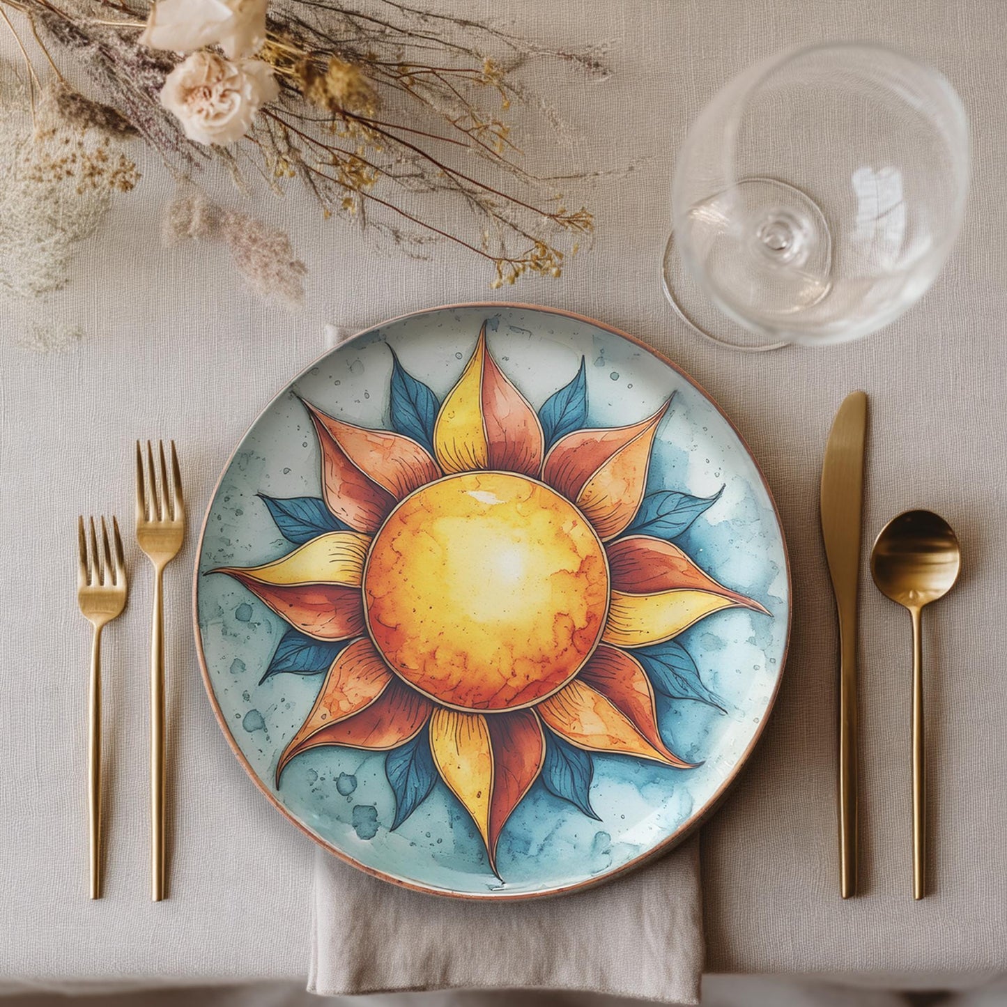 Sun Dinner Plates Set - Celestial Kitchen Dinnerware Yellow Gold Ceramic Tableware