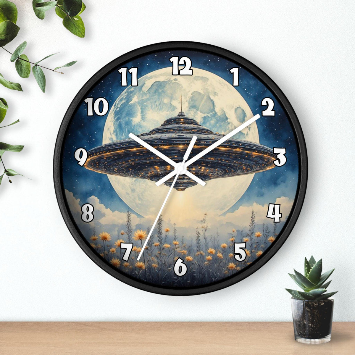 UFO Over Moon Wall Clock - Sci Fi Spaceship Moonlight Timepiece Alien Home Decor