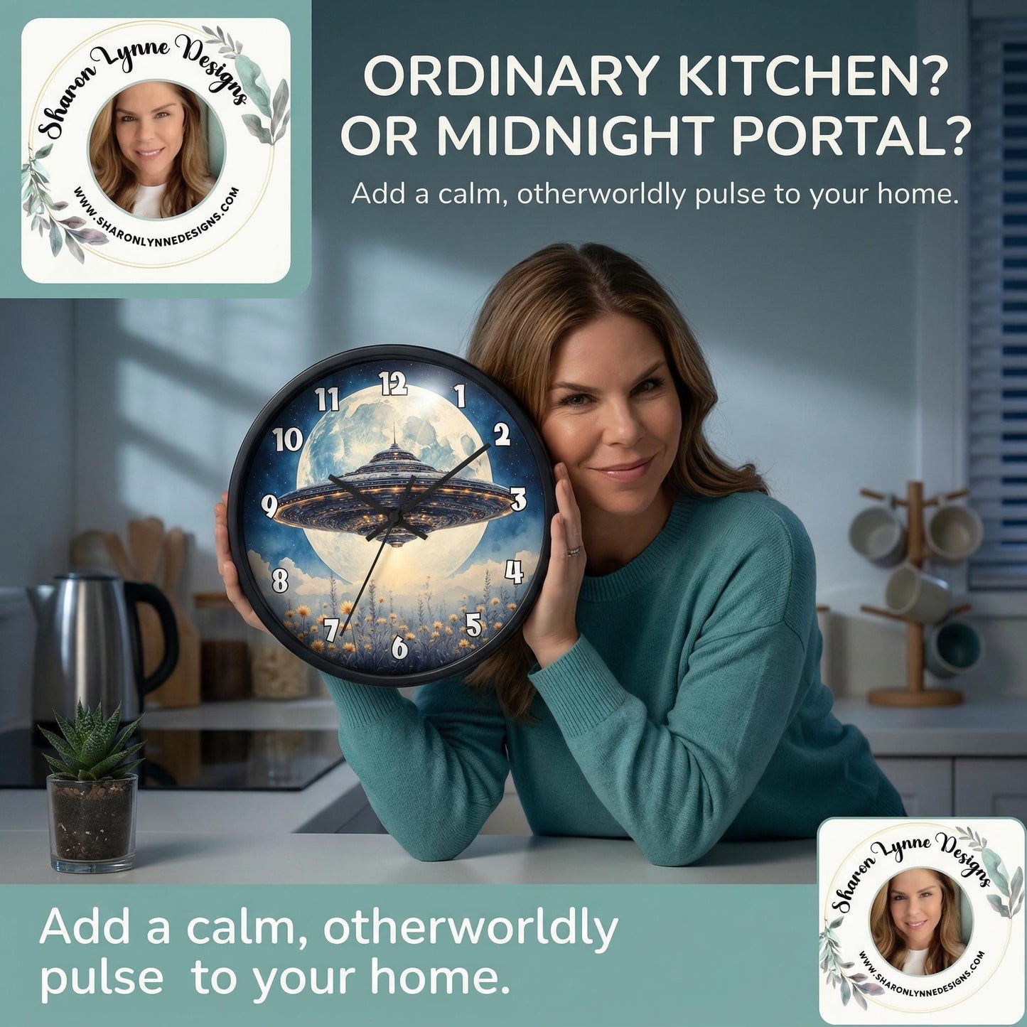 UFO Over Moon Wall Clock - Sci Fi Spaceship Moonlight Timepiece Alien Home Decor