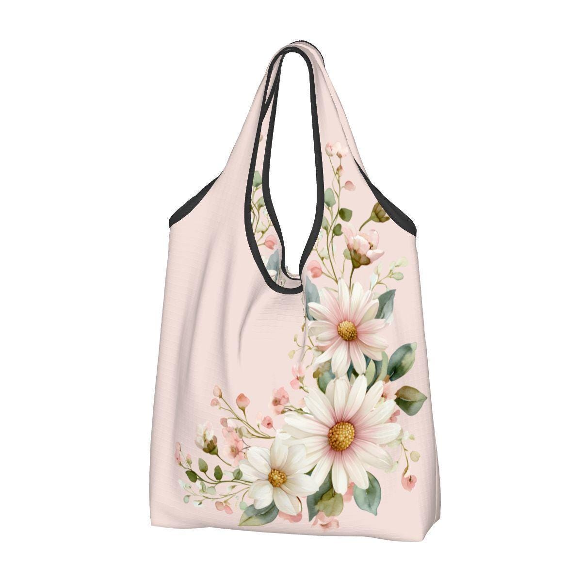 Pink Flower Folding Reusable Grocery Shopping Bags Eco-Friendly Tote Storage Compact