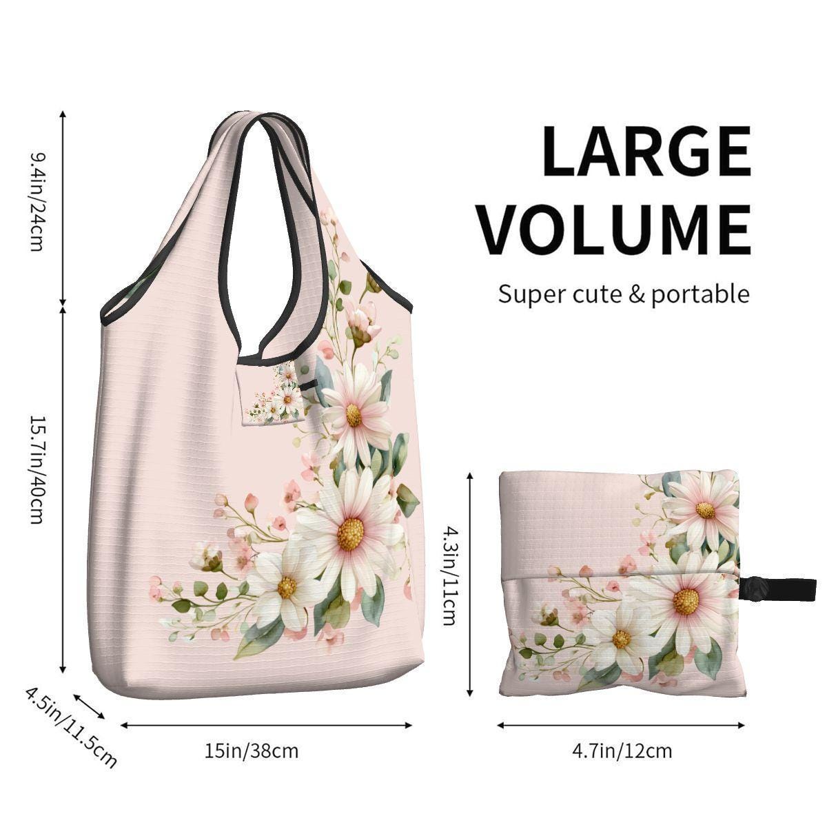 Pink Flower Folding Reusable Grocery Shopping Bags Eco-Friendly Tote Storage Compact