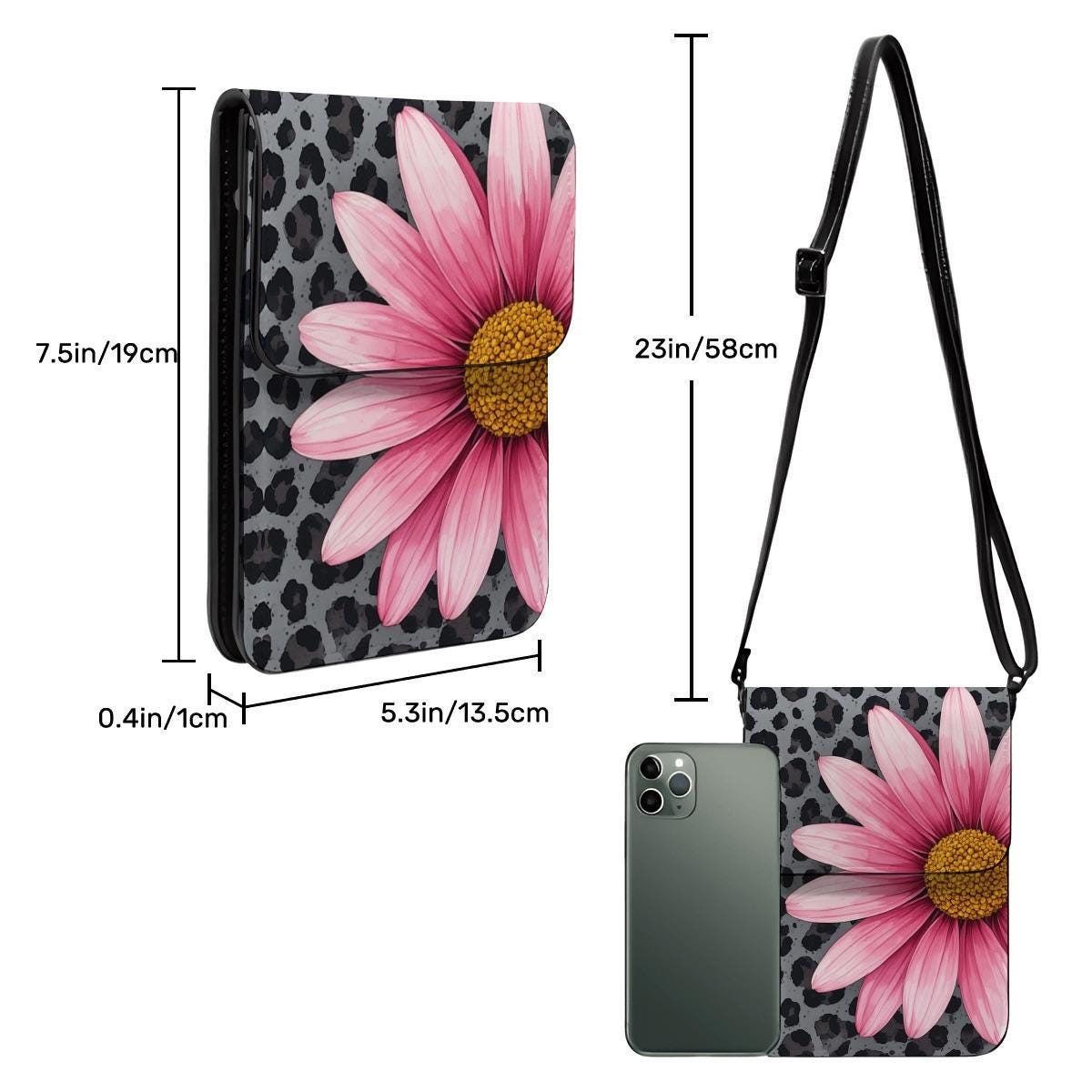 Pink Daisy Leather Cell Phone Crossbody Purse with Shoulder Strap - Small Floral Mobile Bag