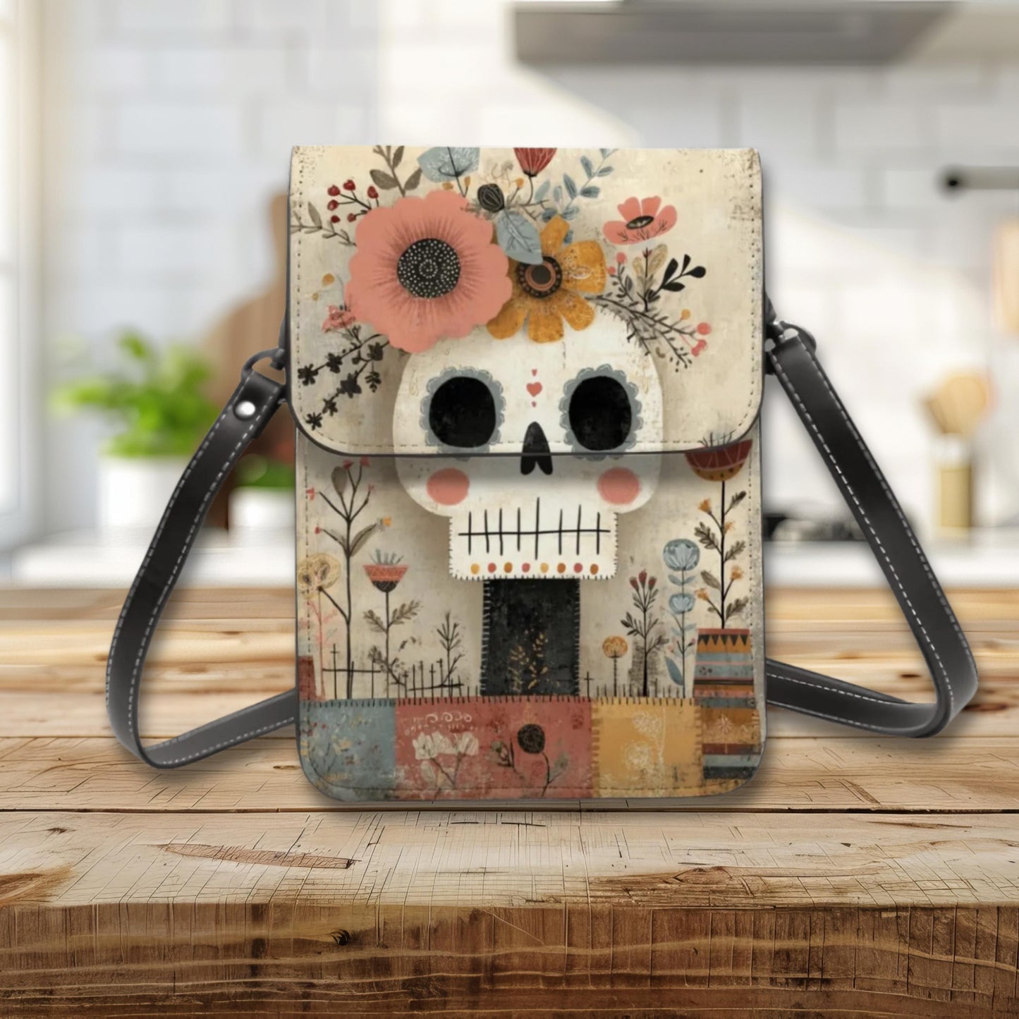 Sugar Skull Leather Cell Phone Crossbody Purse with Adjustable Shoulder Strap