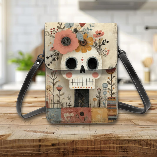 Sugar Skull Leather Cell Phone Crossbody Purse with Adjustable Shoulder Strap
