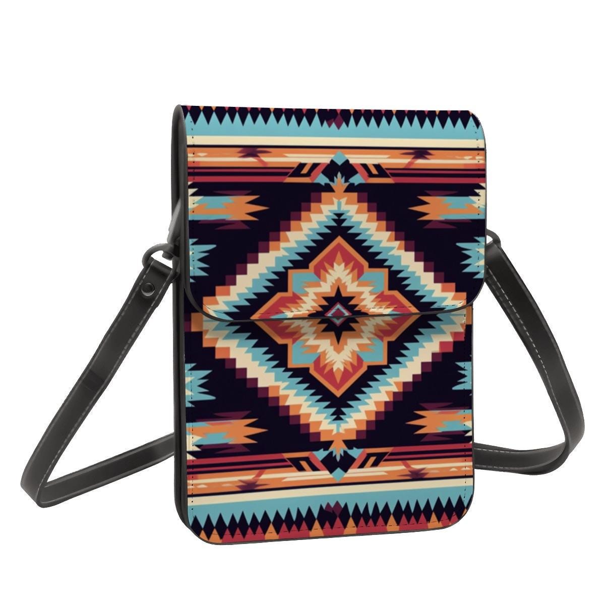 Aztec Leather Cell Phone Crossbody Purse with Adjustable Shoulder Strap - Boho Bag for Women