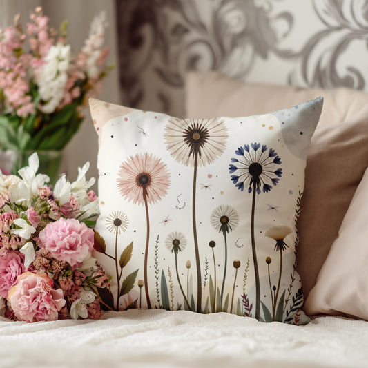 Dandelion Field Pillow Faux Suede Square Pillowcase Floral Decorative Throw Cottagecore