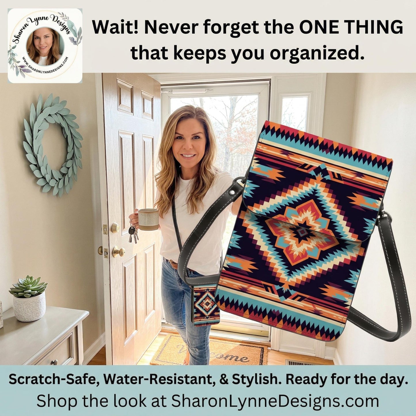 Aztec Leather Cell Phone Crossbody Purse with Adjustable Shoulder Strap - Boho Bag for Women