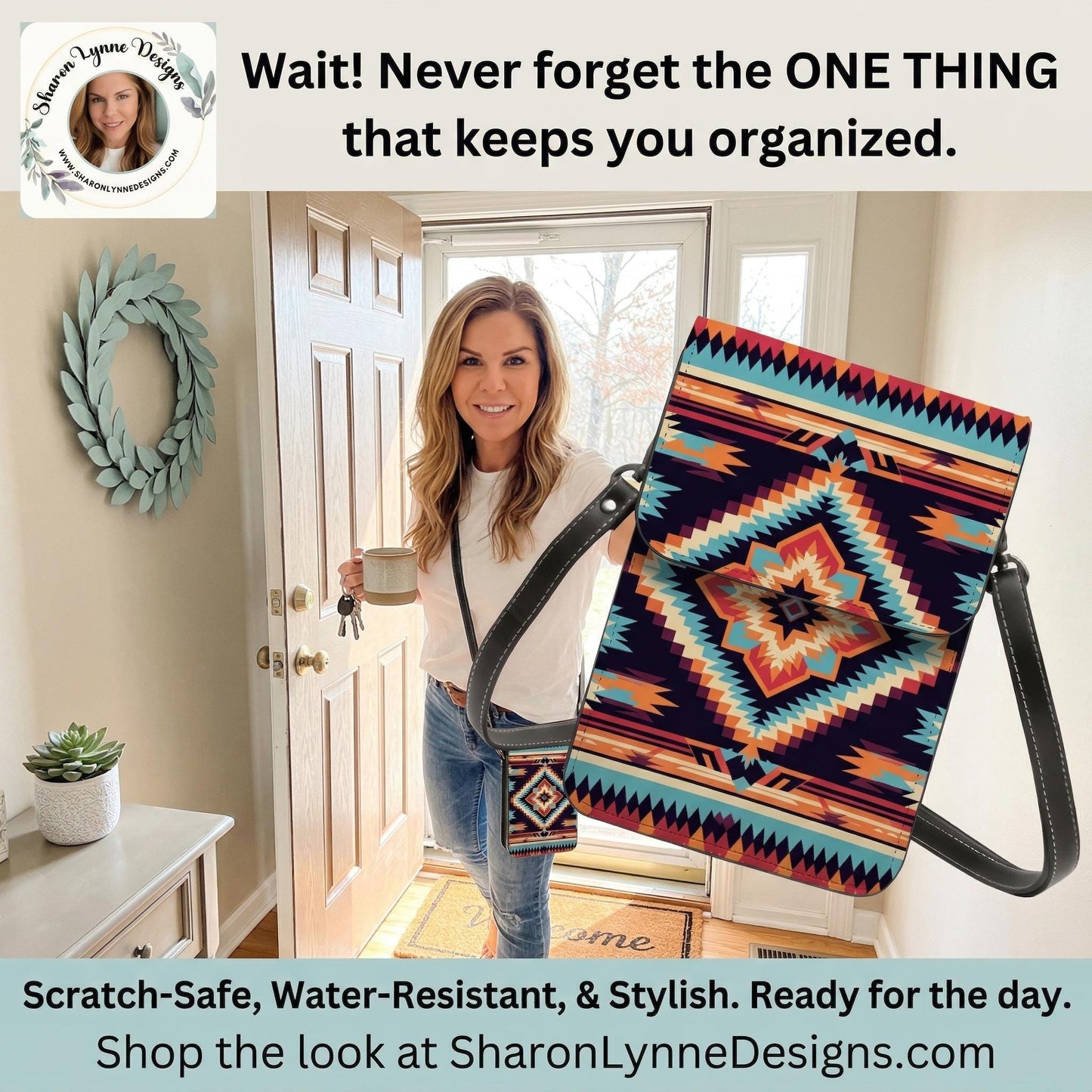 Aztec Leather Cell Phone Crossbody Purse with Adjustable Shoulder Strap - Boho Bag for Women