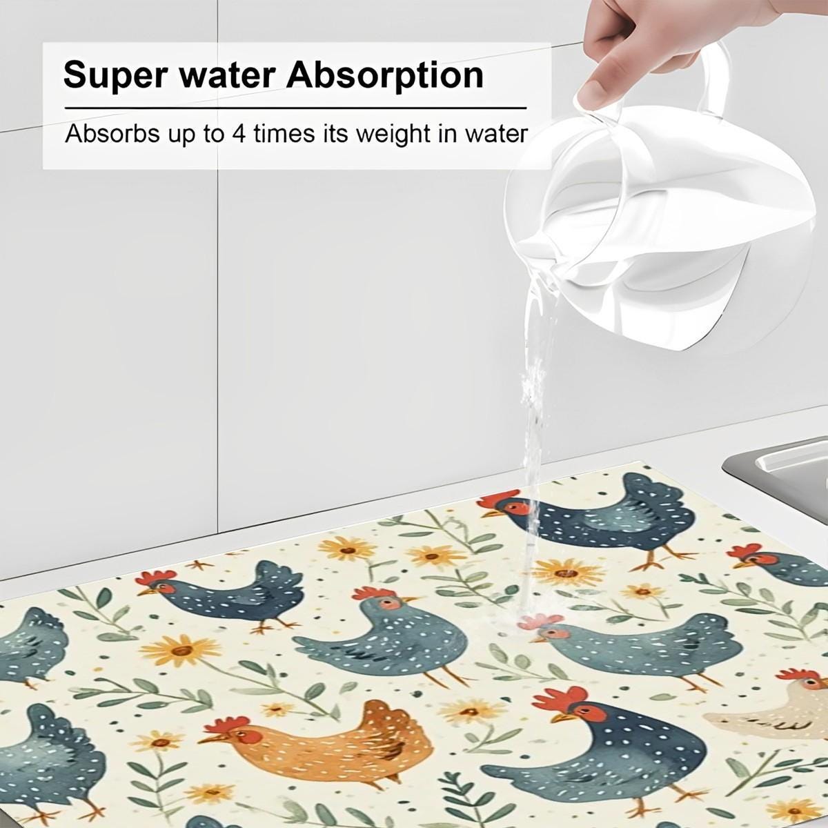 Chicken Large Dish Drying Mat Kitchen Microfiber Absorbent Counter Protector Farm Animal Decor