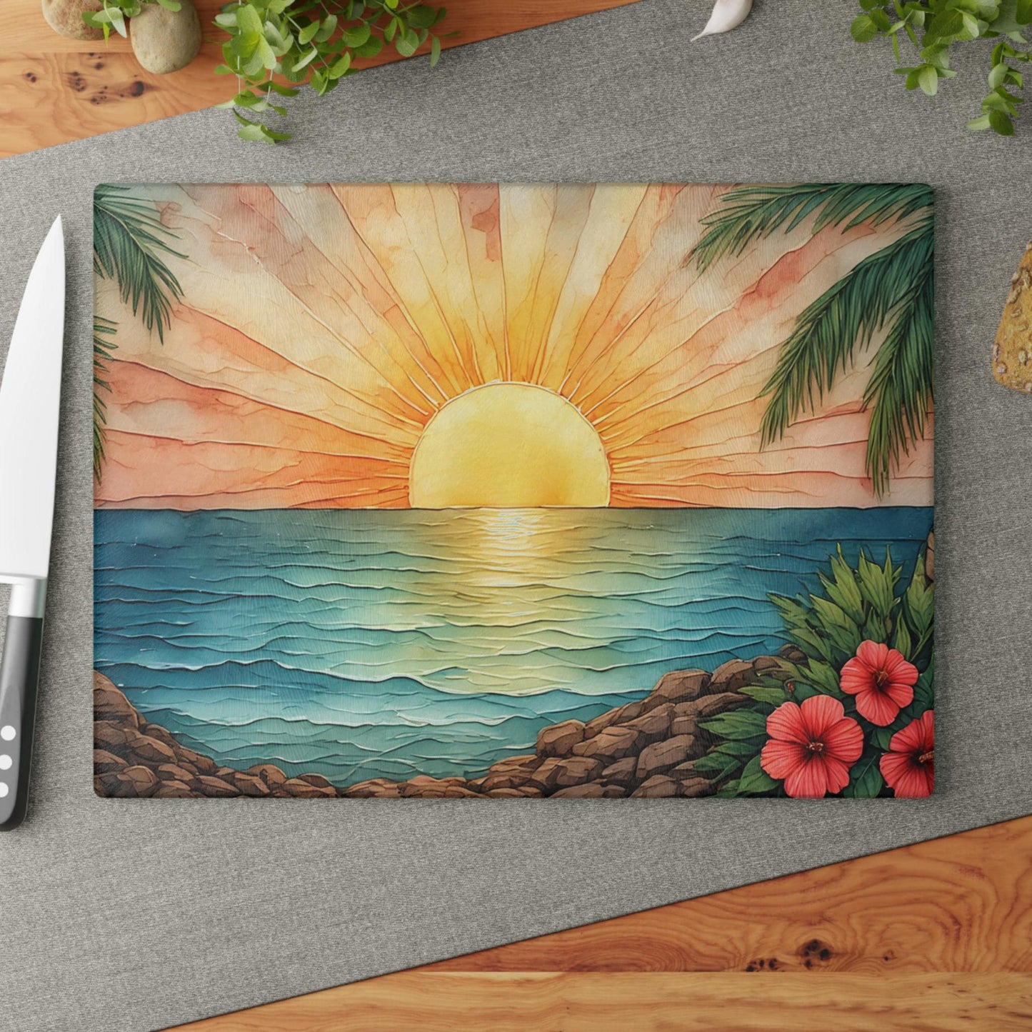 Tropical Sunset Hibiscus Glass Cutting Board | Beach Ocean Sunrise