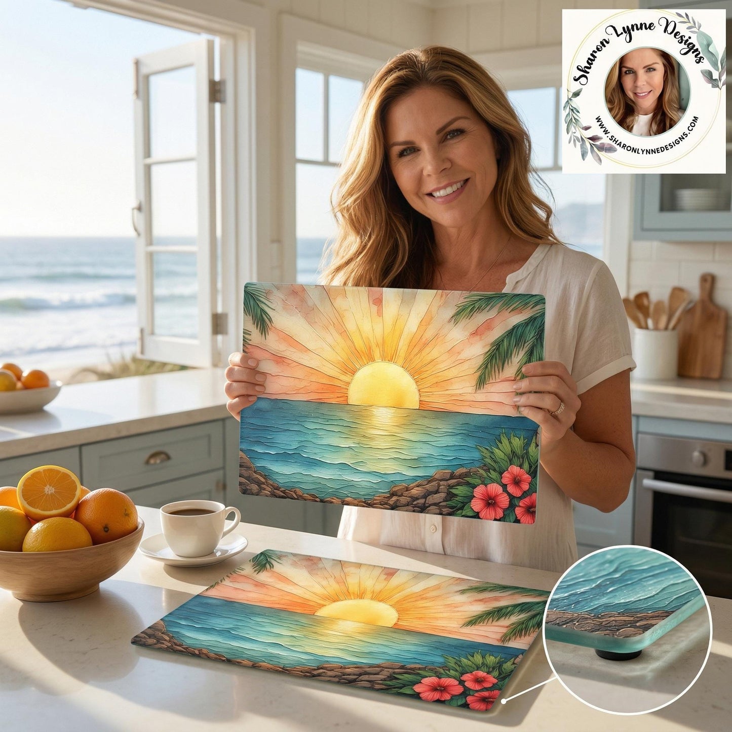 Tropical Sunset Hibiscus Glass Cutting Board | Beach Ocean Sunrise