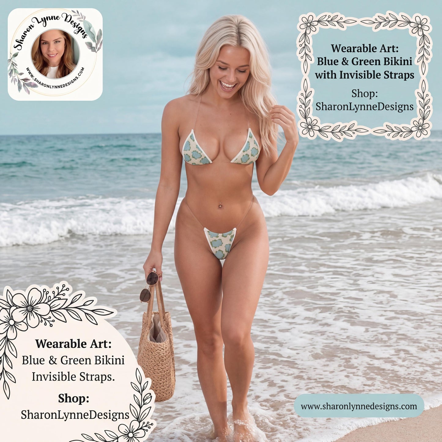 Blue Green Bikini Transparent Clear Straps Two Piece Swimsuit Beach Women's Bathing Suit