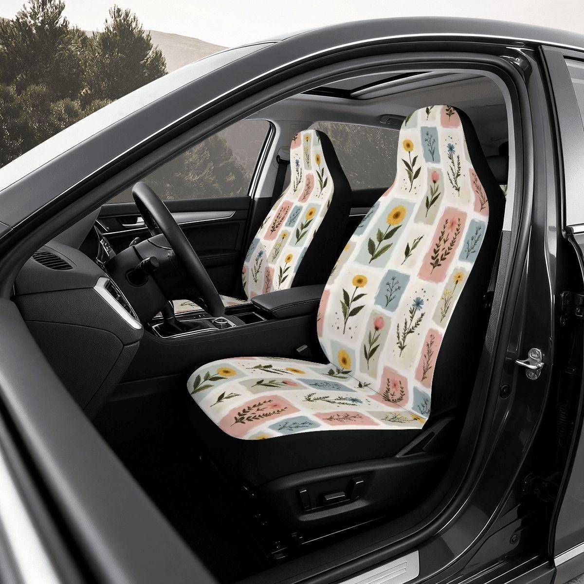 Floral Car Seat Covers Complete Full Set - Front Rear Universal Fit Auto Interior Protection