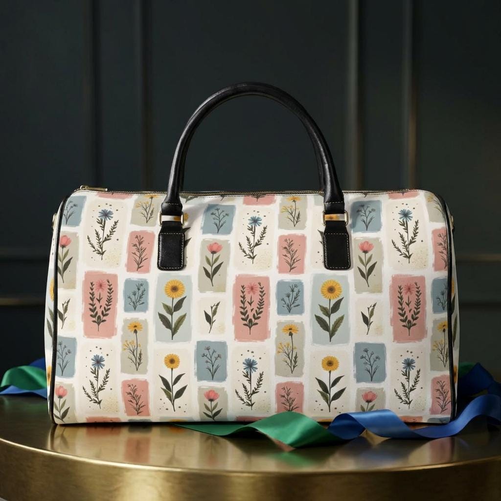 Floral Leather Travel Bag Women Boho Weekend Duffel Weekender Gift Carry-On Vintage Overnight
