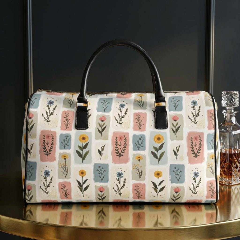 Floral Leather Travel Bag Women Boho Weekend Duffel Weekender Gift Carry-On Vintage Overnight