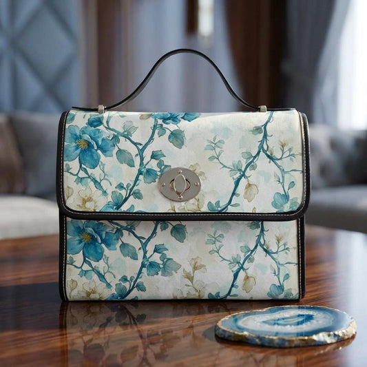 Blue Floral Branches Waterproof Canvas Tote Bag | Garden Handbag Beach Summer Everyday Boho