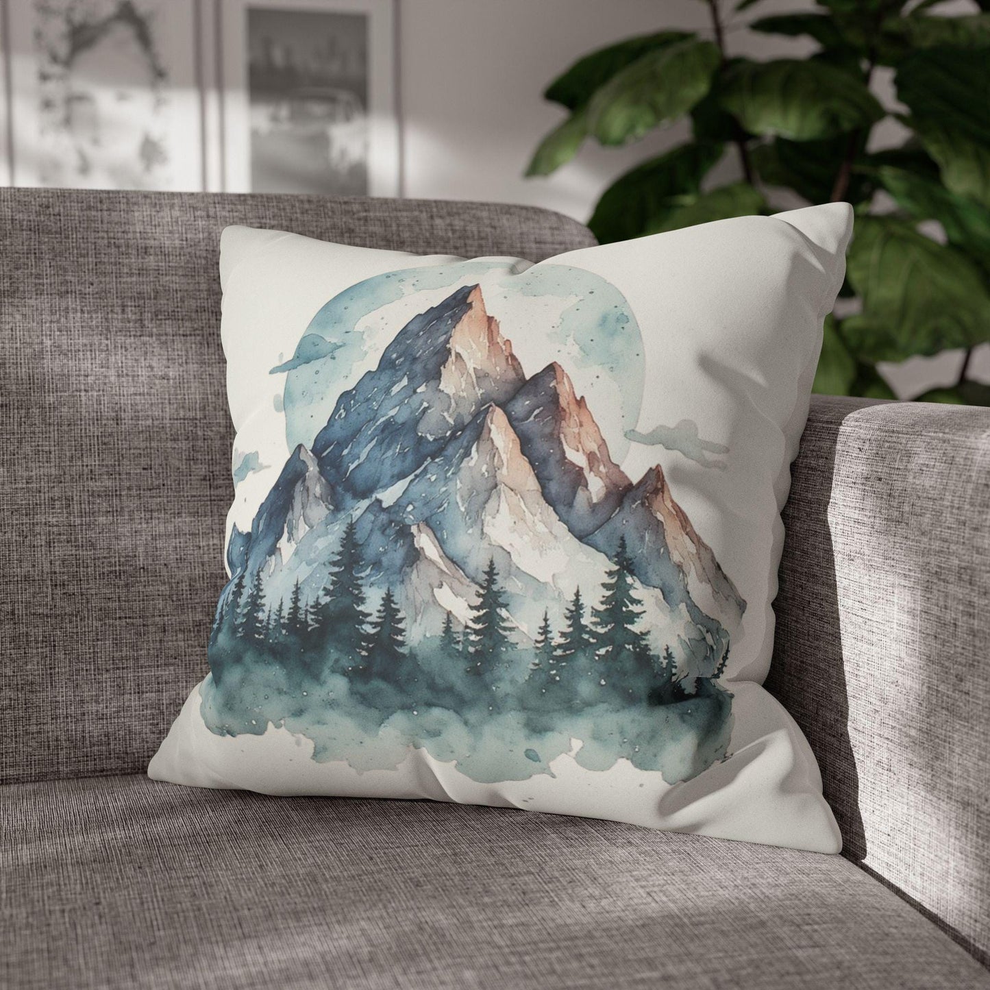 Watercolor Mountain Landscape Faux Suede Square Pillowcase | Rustic Home Decor Throw Pillow Cover