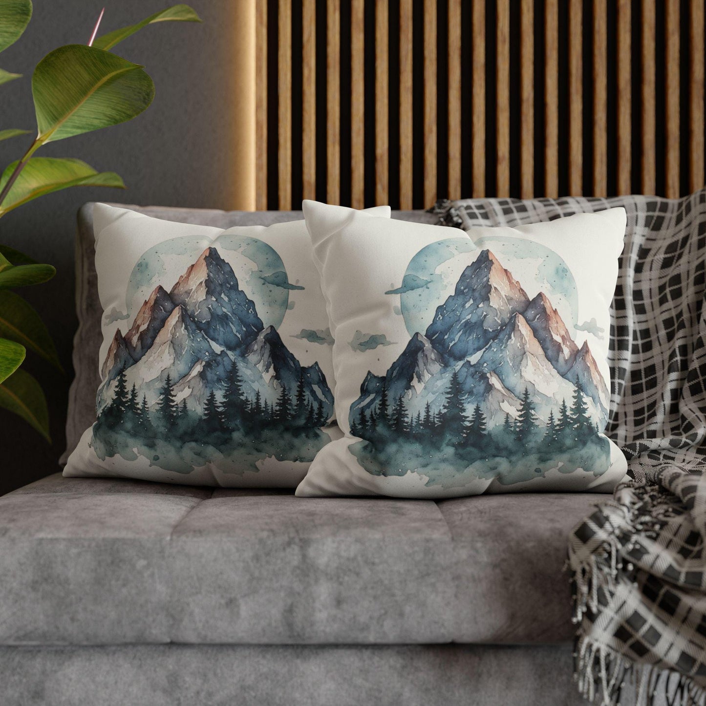 Watercolor Mountain Landscape Faux Suede Square Pillowcase | Rustic Home Decor Throw Pillow Cover