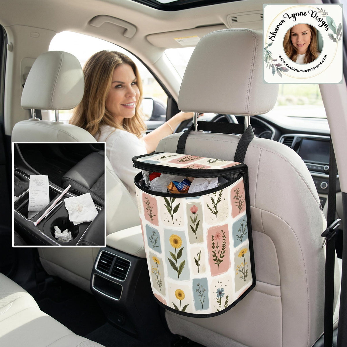 Floral Bucket-Shaped Car Trash Bag - Vehicle Waste Container Organizer for Auto Interior