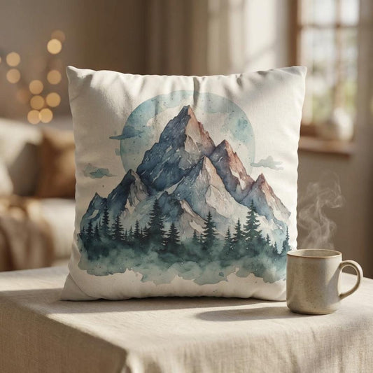 Watercolor Mountain Landscape Faux Suede Square Pillowcase | Rustic Home Decor Throw Pillow Cover
