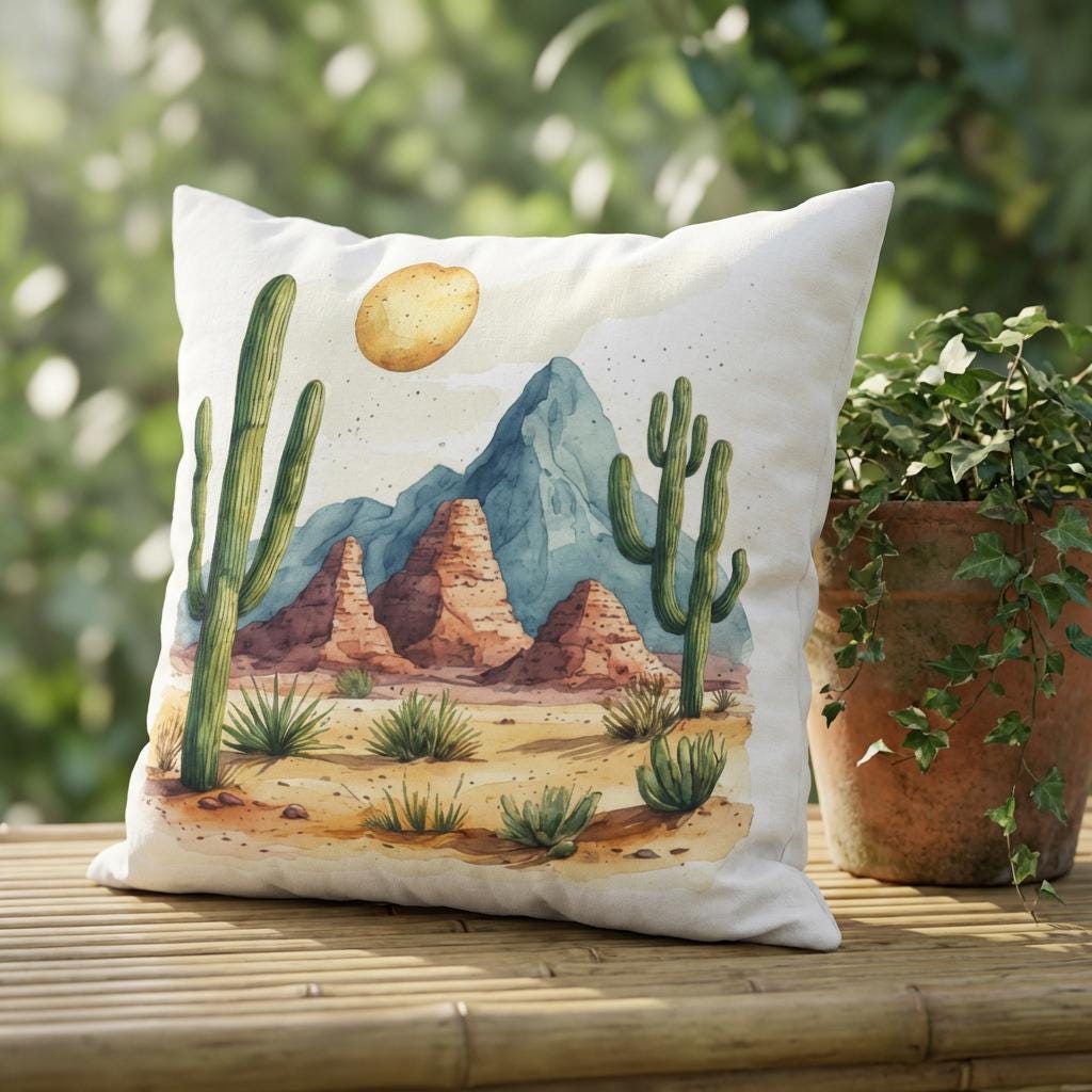 Desert Cactus Landscape Pillowcase | Faux Suede Square Boho Southwest Home Decor Throw Pillow Cover