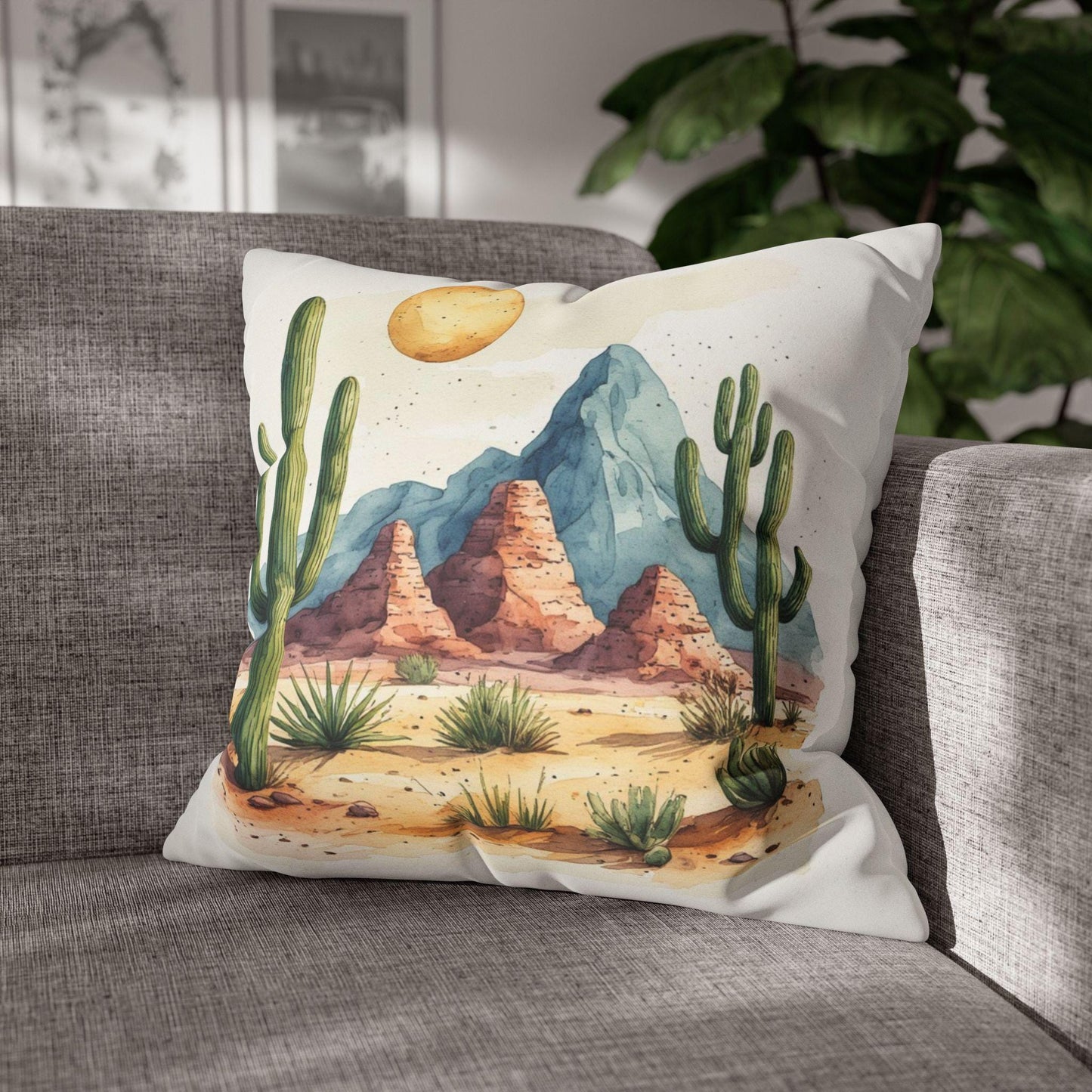 Desert Cactus Landscape Pillowcase | Faux Suede Square Boho Southwest Home Decor Throw Pillow Cover