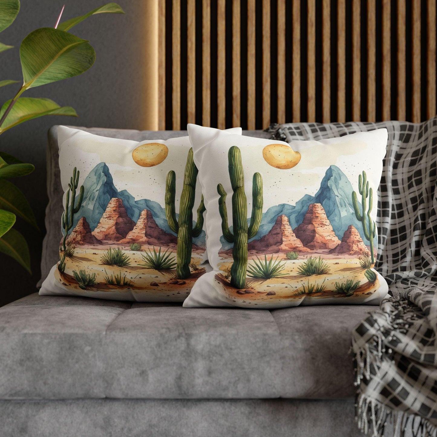 Desert Cactus Landscape Pillowcase | Faux Suede Square Boho Southwest Home Decor Throw Pillow Cover