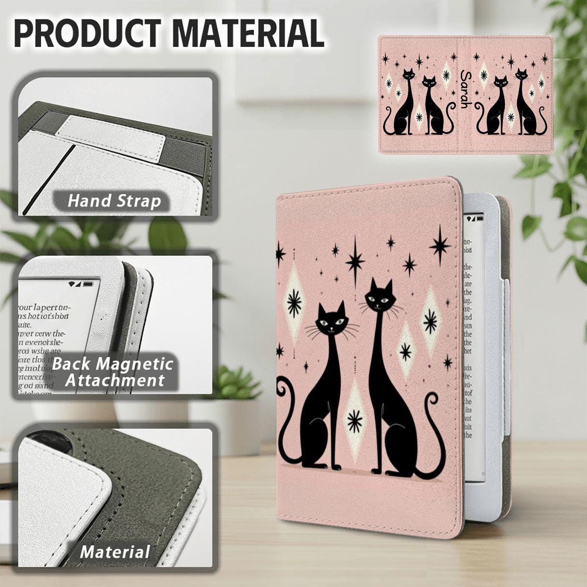 Pink Retro Cat E-Reader Case - Vintage Kitten Book Cover Protection Sleeve