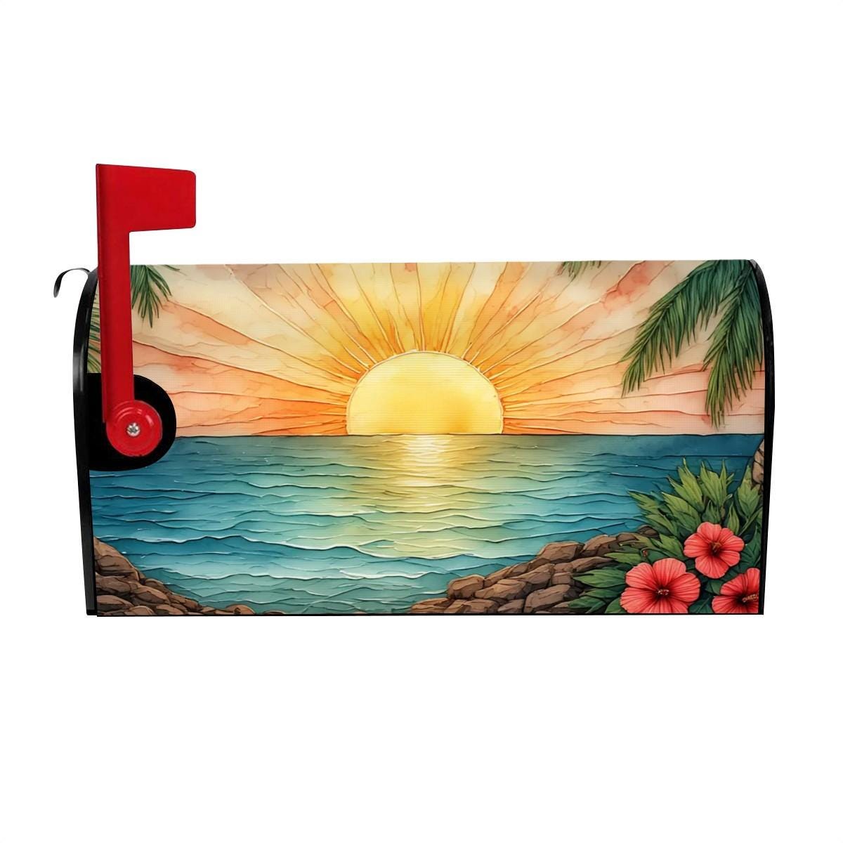 Sunny Beach Magnetic Mailbox Cover - Coastal Ocean Decor for Outdoor Post Mail Box