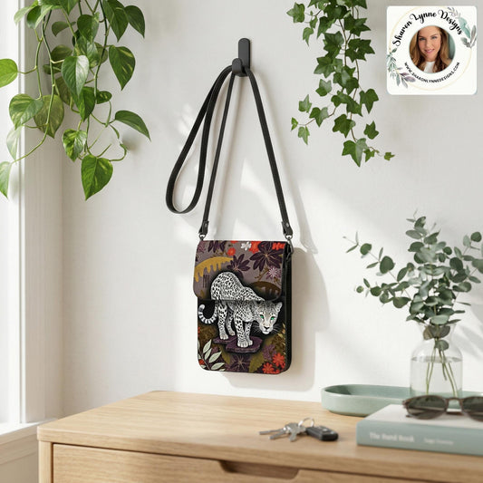 White Leopard Leather Cell Phone Crossbody Purse with Adjustable Shoulder Strap