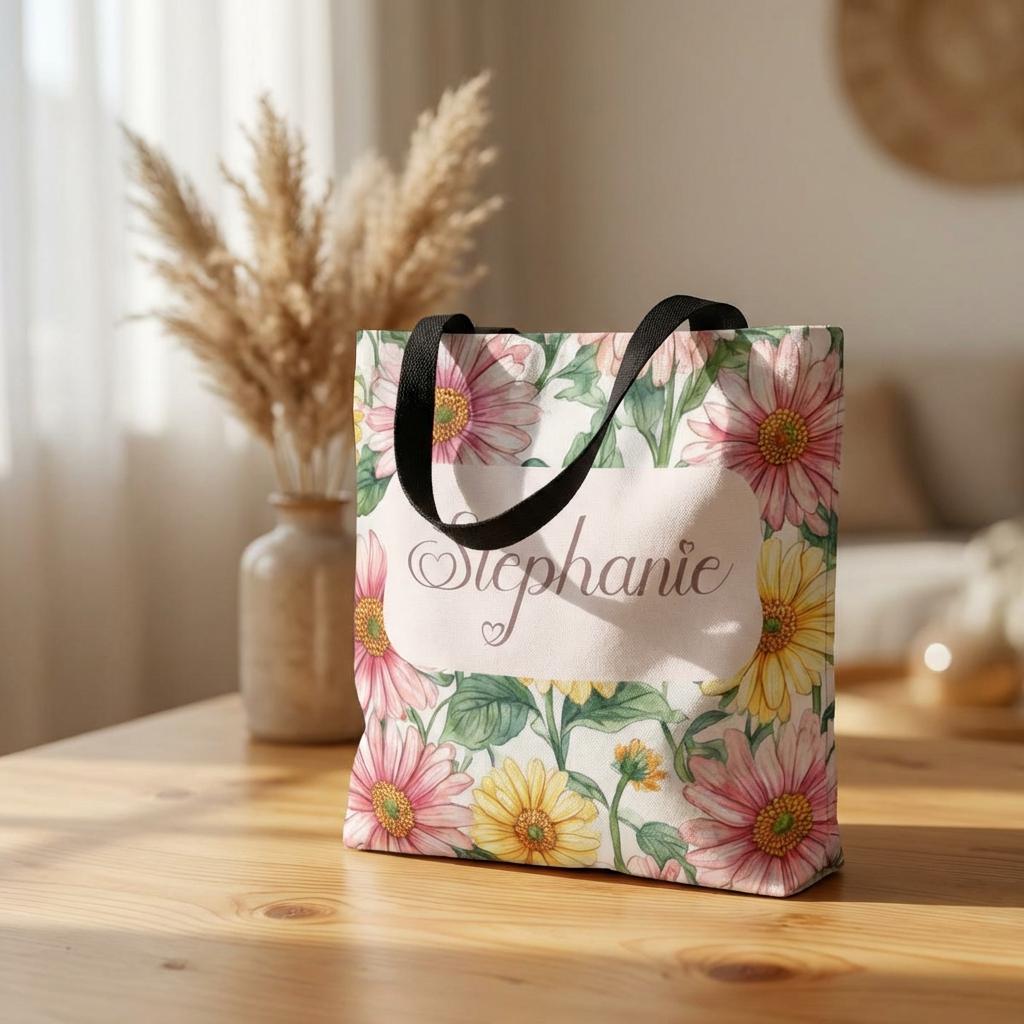 Custom Daisy Floral All-Over Print Personalized Name Tote Bag Summer Beach Bridesmaid Gift