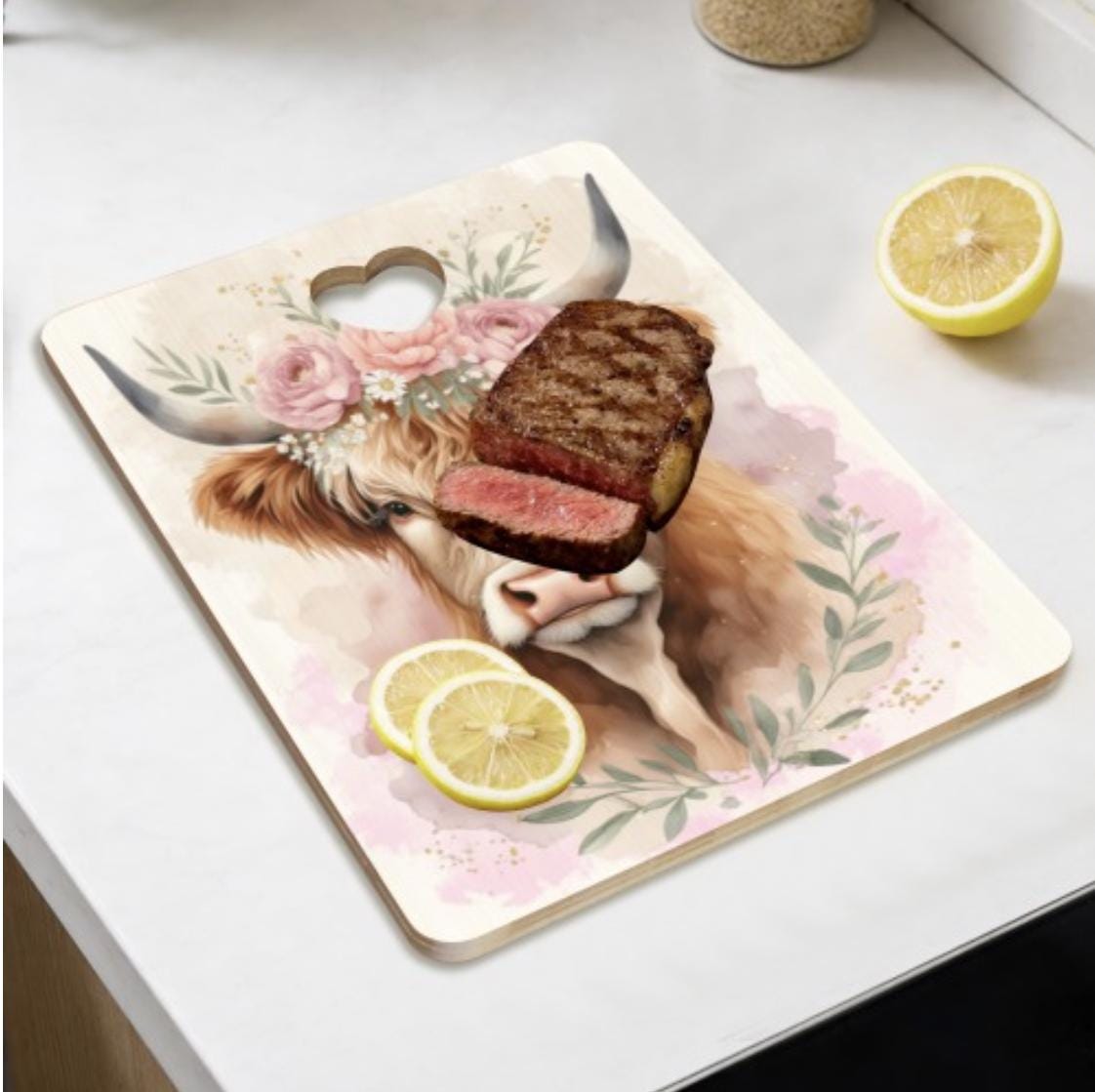Highland Cow Cutting Board, Heart-Shaped Cutout, Rustic Kitchen Decor, Farmhouse Style