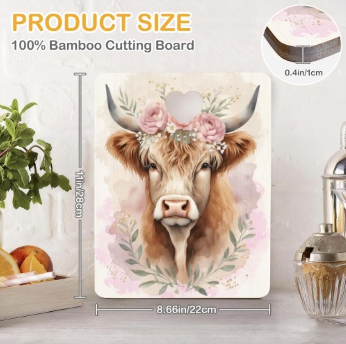 Highland Cow Cutting Board, Heart-Shaped Cutout, Rustic Kitchen Decor, Farmhouse Style