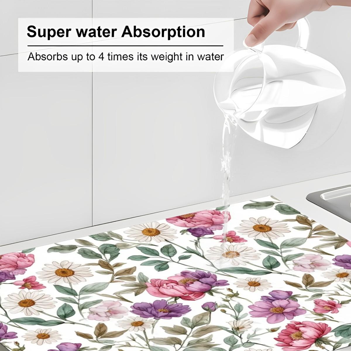 Spring Floral Dish Drying Mat, Large Microfiber Kitchen Absorbent Pad (24 x 18 Inches)
