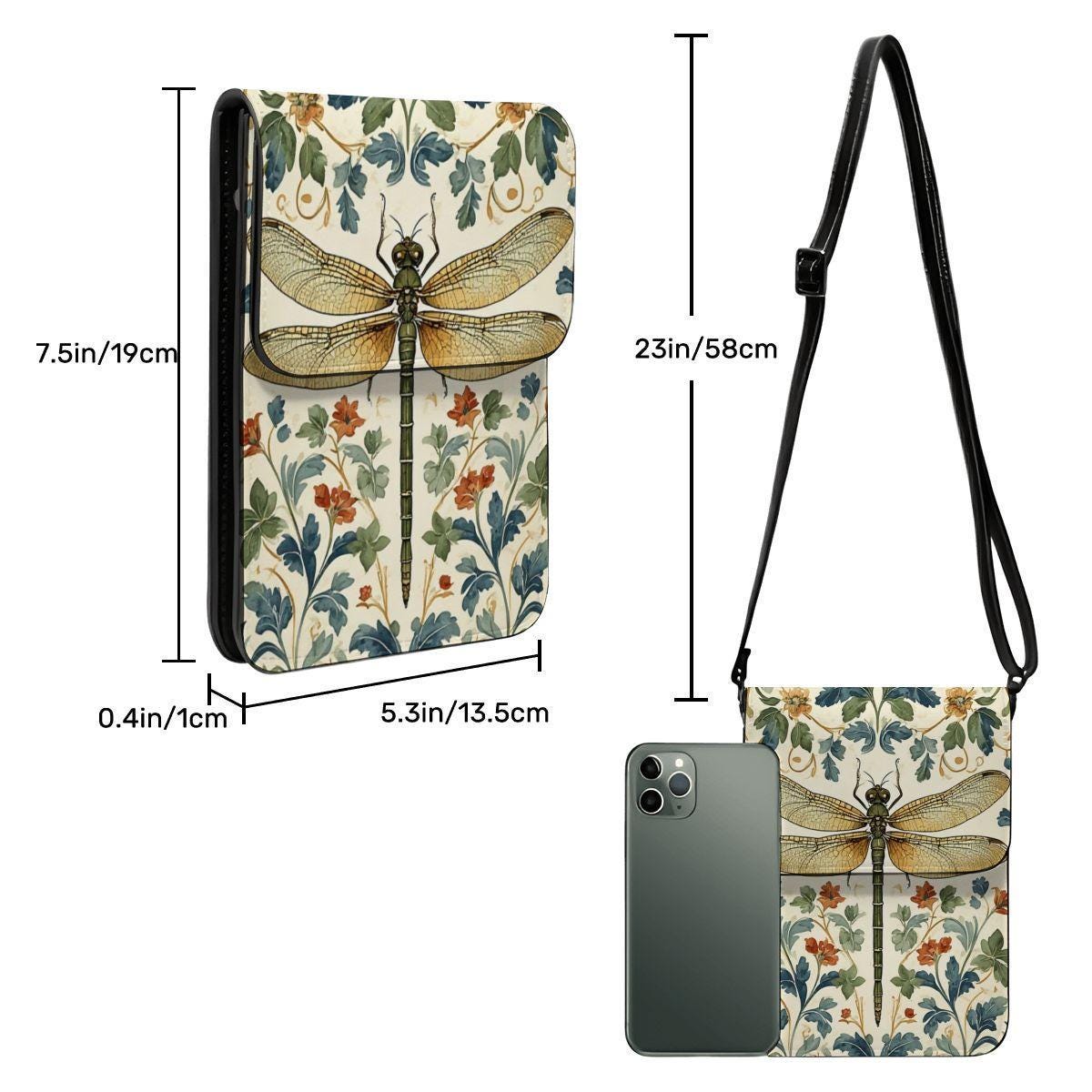 Dragonfly Leather Cell Phone Crossbody Purse with Adjustable Shoulder Strap - Small Clutch Bag