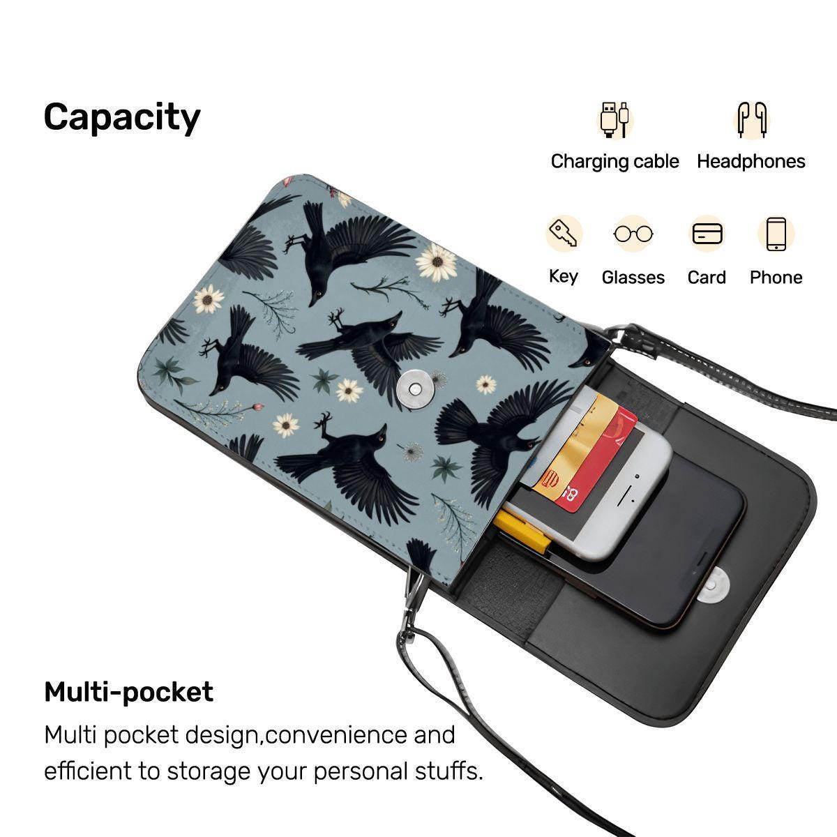 Crow Leather Cell Phone Purse: Gothic Black Bird Shoulder Strap Pouch