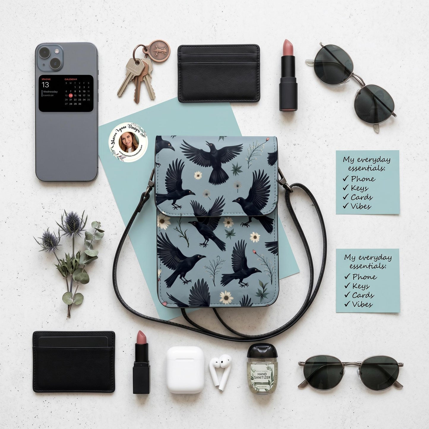 Crow Leather Cell Phone Purse: Gothic Black Bird Shoulder Strap Pouch