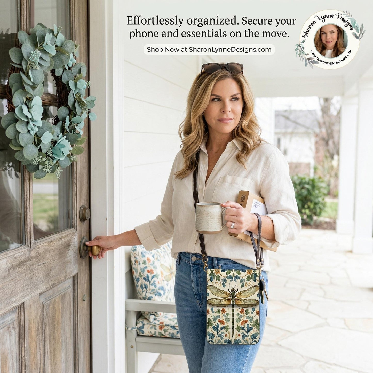 Dragonfly Leather Cell Phone Crossbody Purse with Adjustable Shoulder Strap - Small Clutch Bag