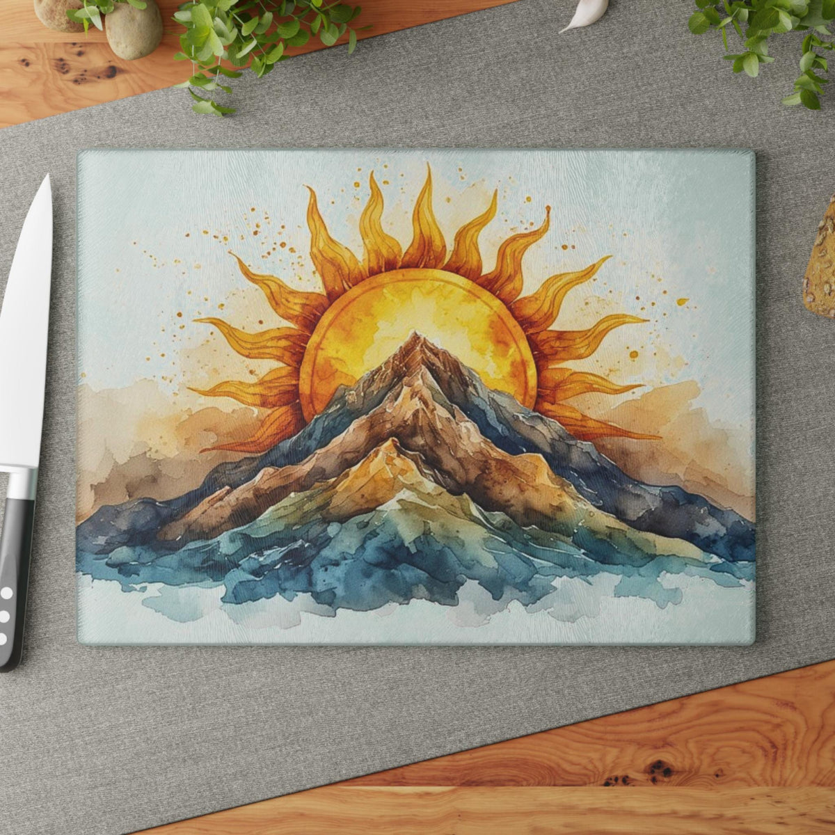 Sunrise Mountain Watercolor Glass Cutting Board Kitchen Decor Rustic Cheese Serving Farmhouse Gift