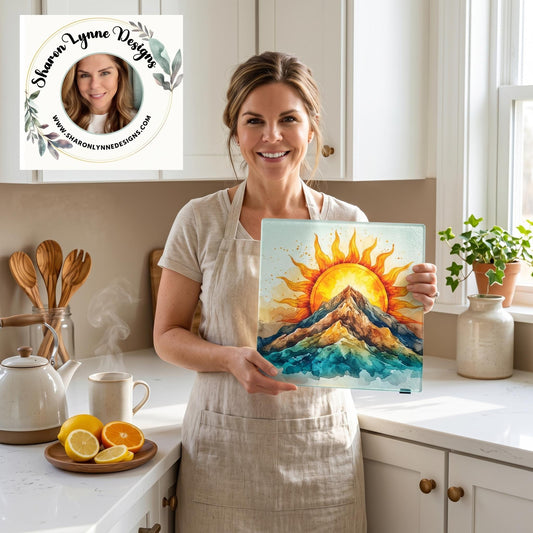 Sunrise Mountain Watercolor Glass Cutting Board Kitchen Decor Rustic Cheese Serving Farmhouse Gift