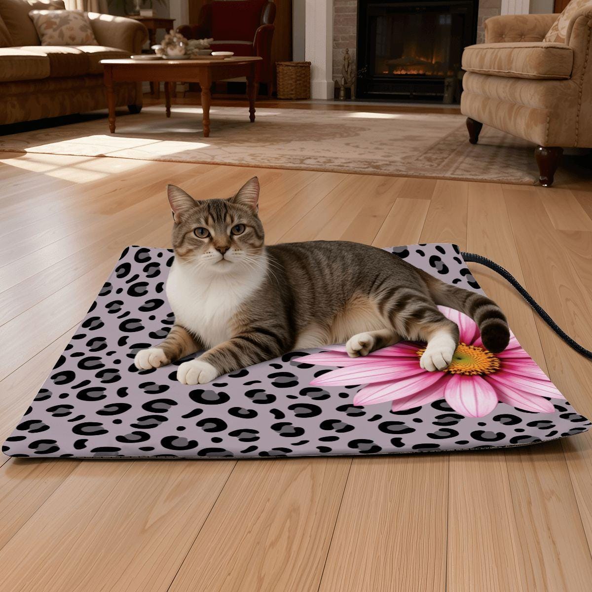 Leopard Daisy Cat Heating Pad Warmer Pet Bed Electric Thermal Blanket Cushion
