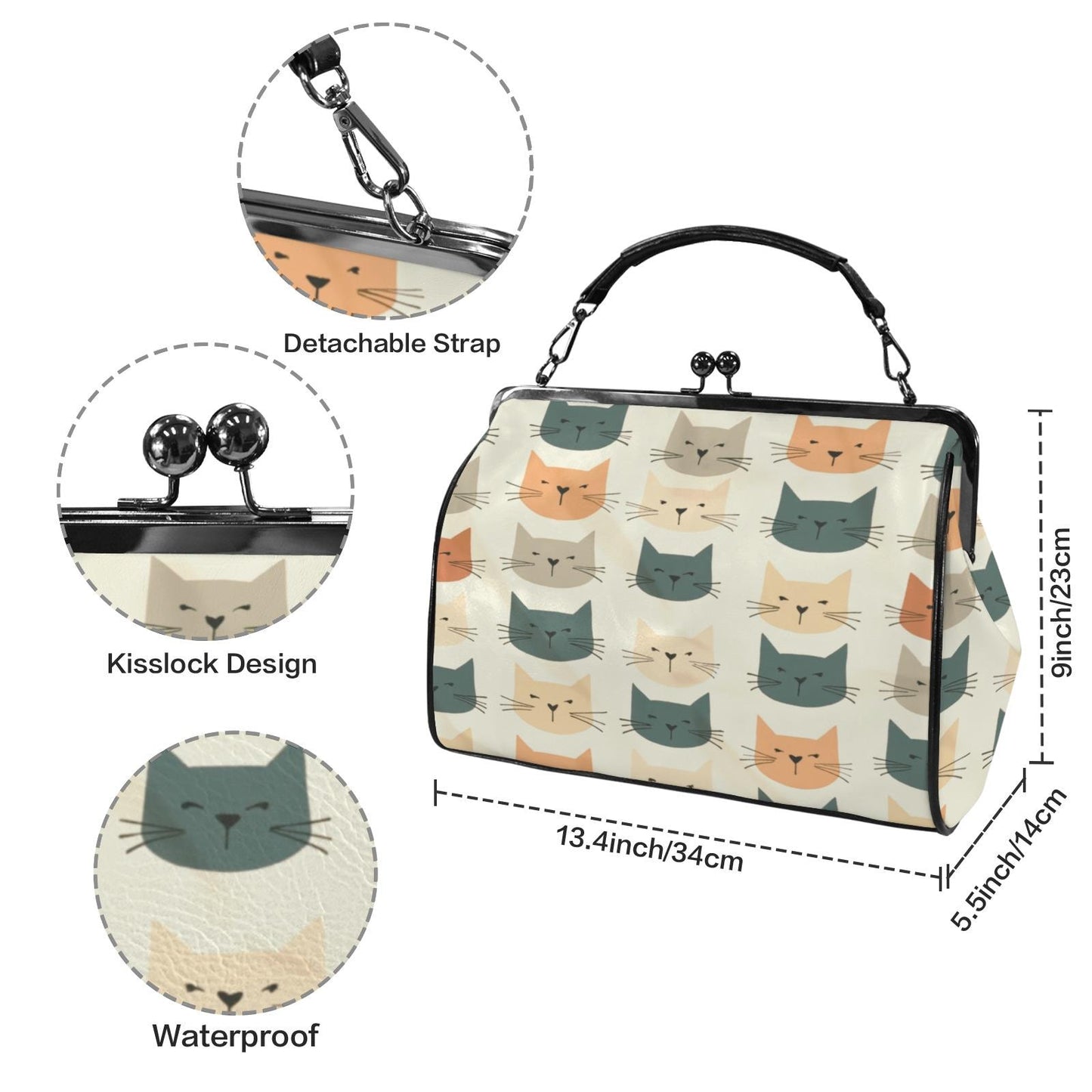 Retro Cat Kisslock Crossbody Shoulder Bag Large Vintage Handbag Purse